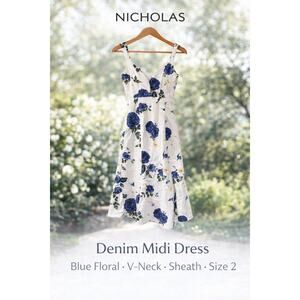 Nicholas Denim Midi Dress Blue Floral V-Neck Sheath Flare Hem Sz 2
